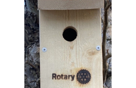 Fågelholkar med Rotarylogga. Säljs för 100 kr/st. Du kan beställa på hu2360@rotary.se